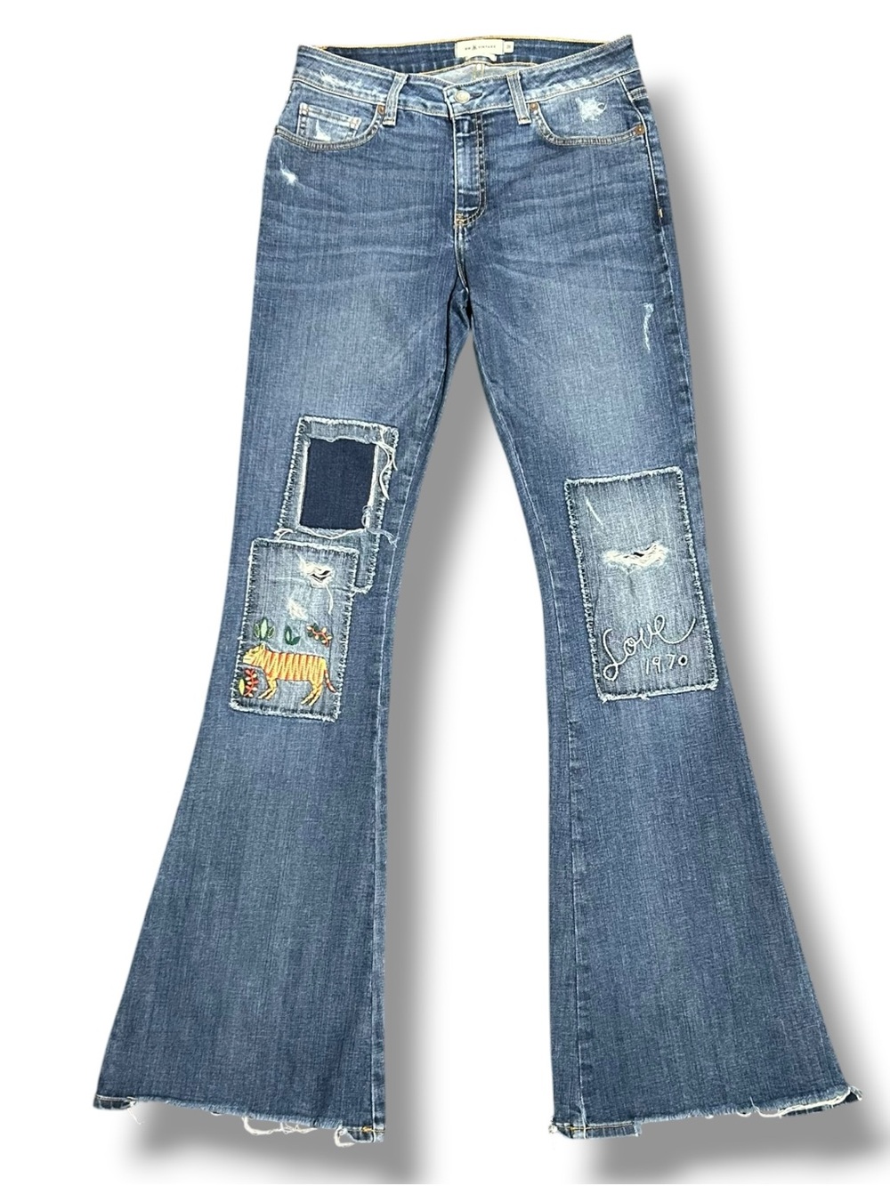 MM Vintage Embroidered Flare Jeans Patchwork Love 1970 Boho Womens Size 28 x 34